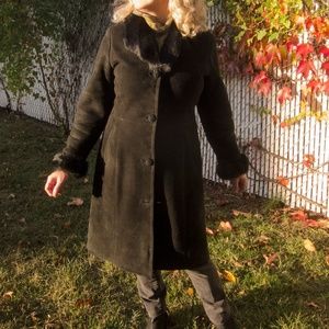 new black shearling sheepskin leather coat
